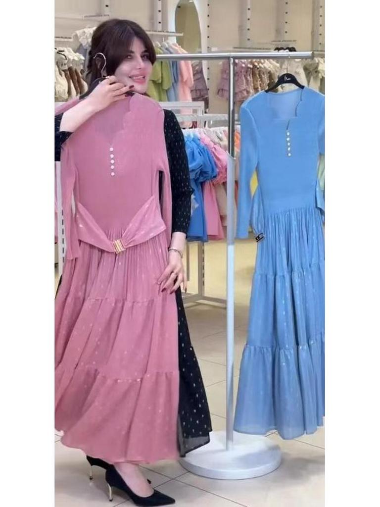 2025 European and American Plus-Size French Print Waist-Cinching Slim Long Dress