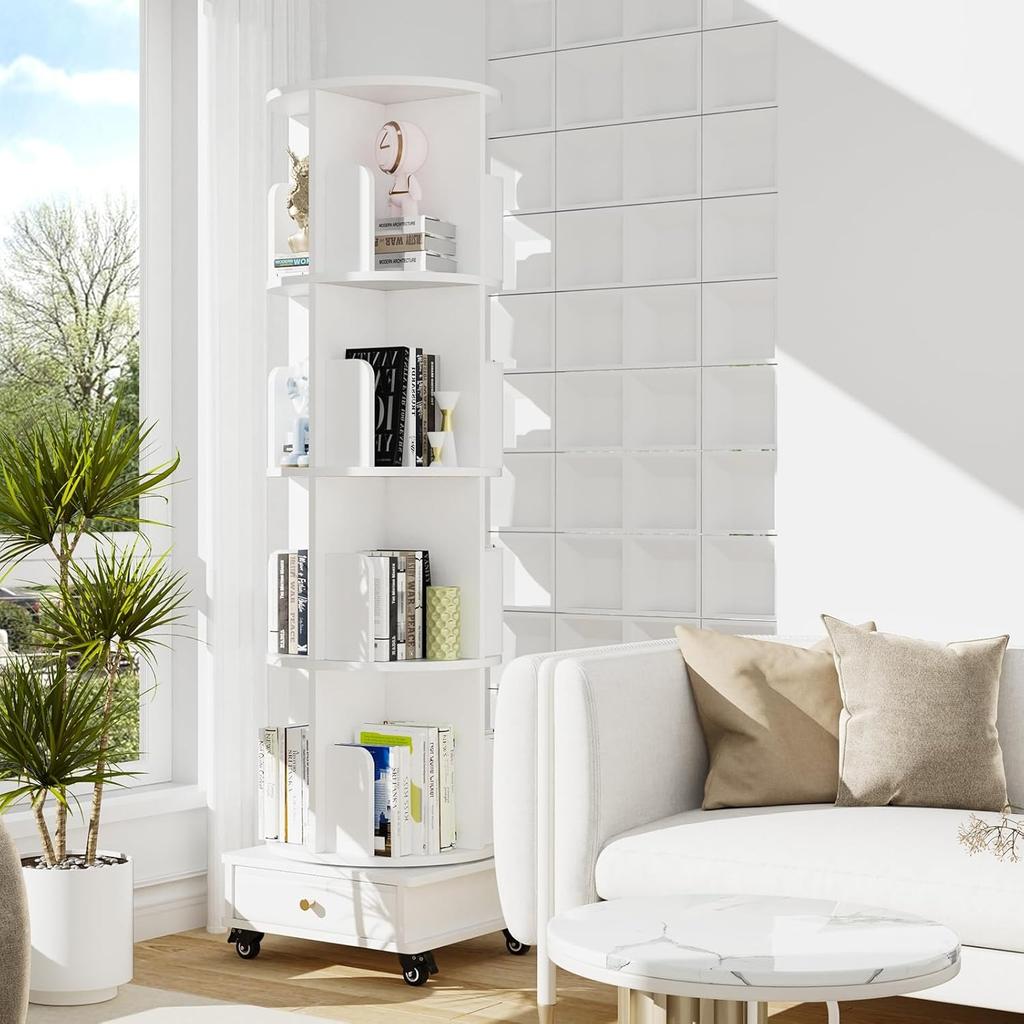 Drehbarer beweglicher Bücherregal Holz 4-stöckiges Eck-Bücherregal mit einzelner Schublade/Rädern/Ablage für Arbeitszimmer/Schlafzimmer/Zuhause