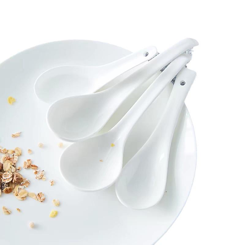 White Ceramic Long-Handle Ladle - Scratch-Resistant, Large Soup Spoon for Commercial and Household Use