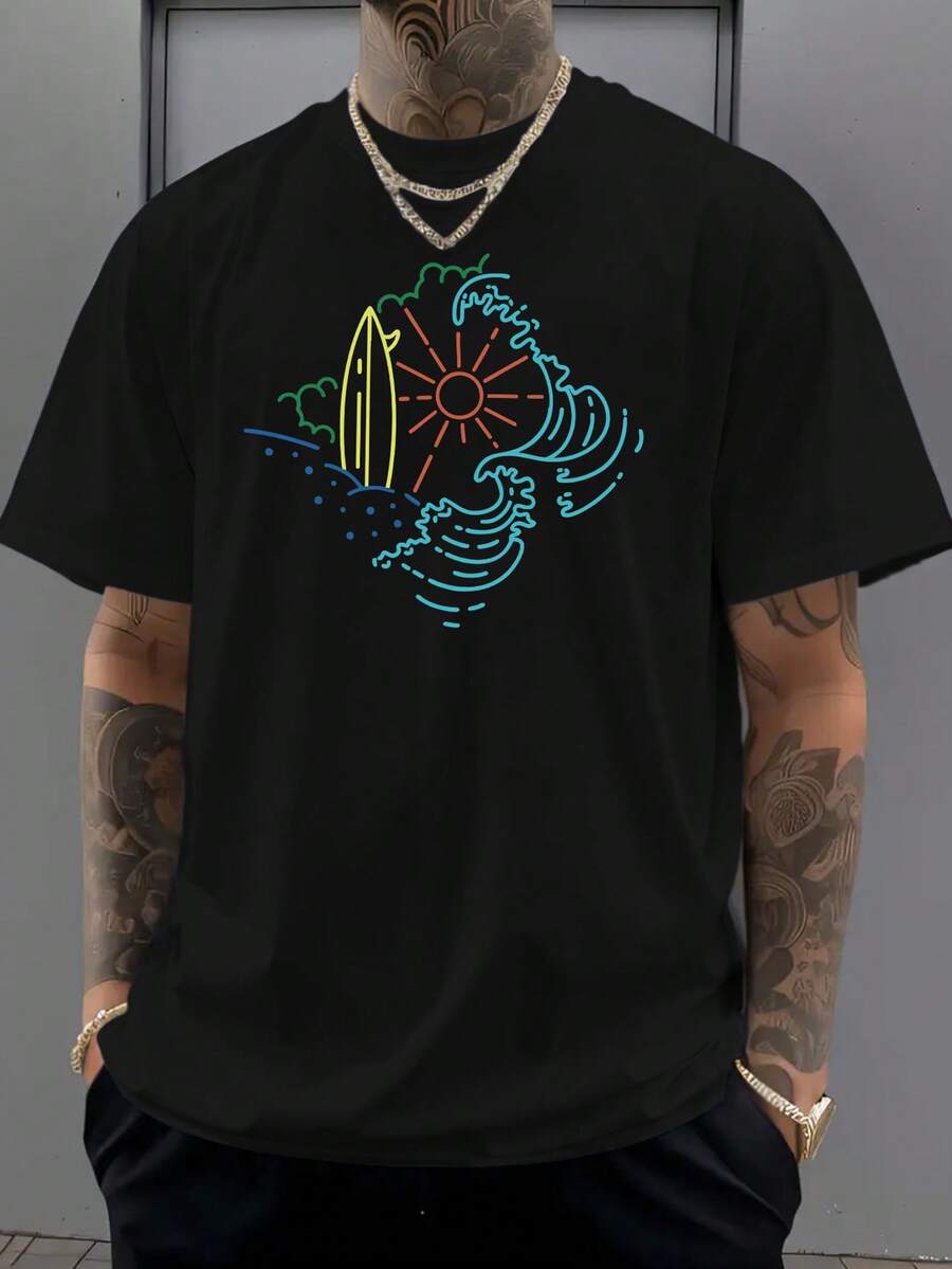 

Unisex s Casual Short-Sleeved T-Shirt - Vibrant Surf-Inspired Wave And Letter Print, Soft And Comfortable Fabric XXXL