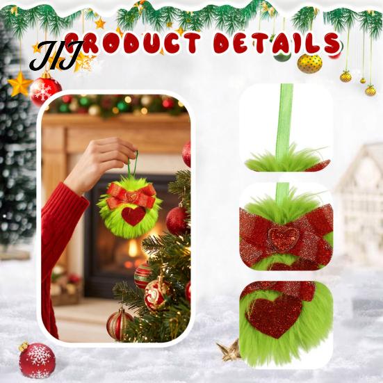Faux Rabbit Fur Hanging Decor Pom Poms Christmas Ornaments, 2.3 Inch Soft Fluffy Green Ball Lightweight Party Favors Decoration with Glitter