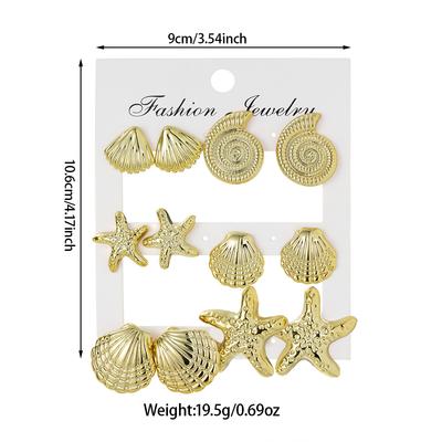 6 Pairs of Ocean-Style Shell and Starfish Stud Earrings, Retro Gold with Niche Design Sense