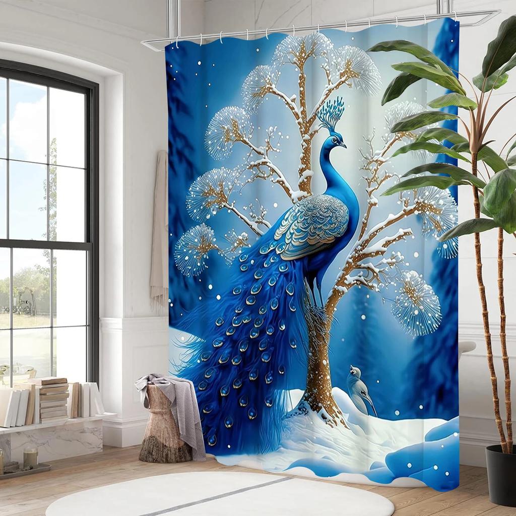 Blue Peacock Bathing Curtain  Bathroom Letters Shower Curtain Waterproof With 12 Hooks Fishes Home Deco