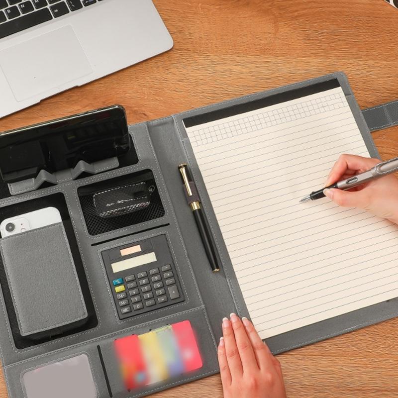 Conference Folder Magnetic Closure Leather Document Organiser with Writing Board Card Pocket Elastic Pen Slot 250x320mm