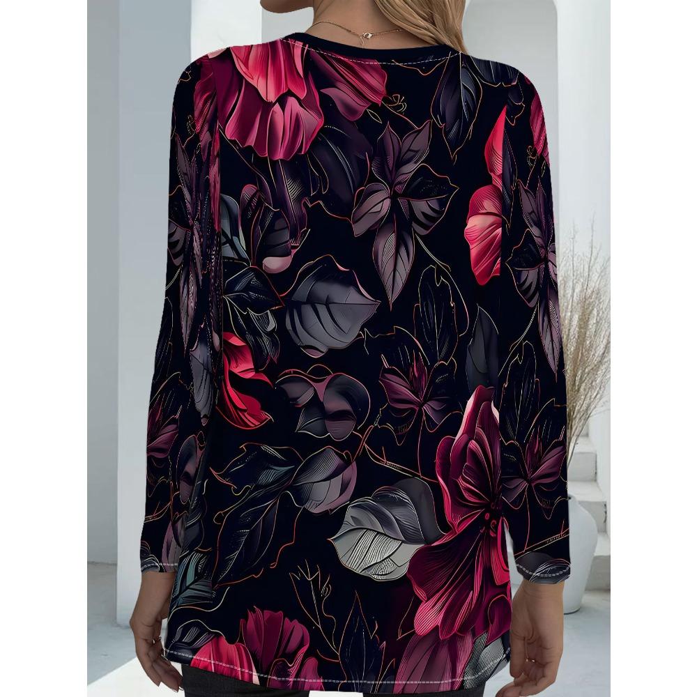 Women's Large Size with Pocket Design Printed Long-sleeved T-shirt Women's Autumn New Loose and Thin