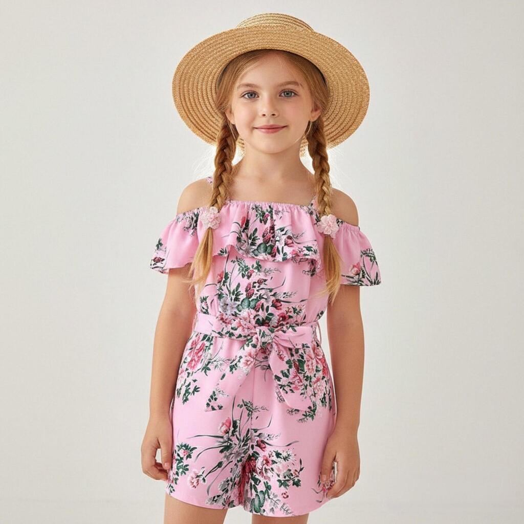 Children's Clothing New Arrival for Girls Summer Resort Style Ruffled Floral Jumpsuit