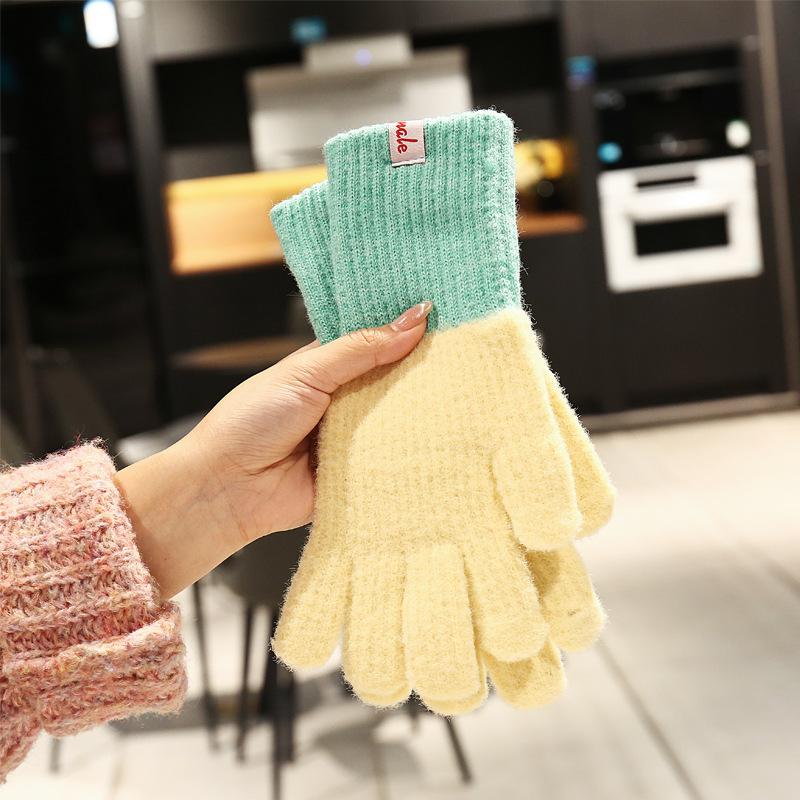 Blue knitted plush gloves for women s winter 2025 new plush warm riding thickened and cold-proof