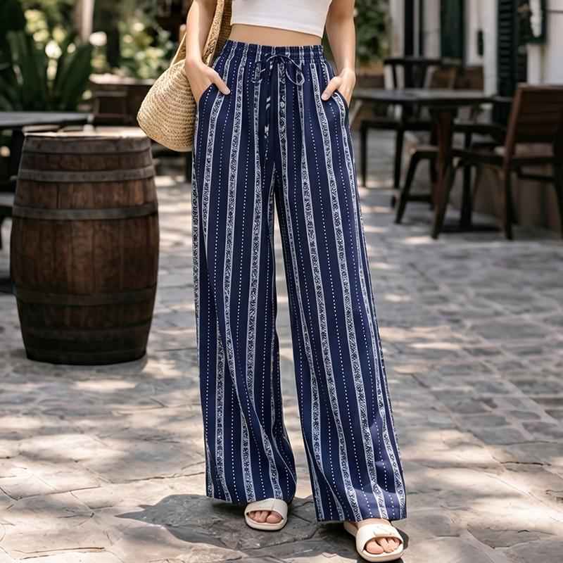 ZANZEA Women Casual Elastic Waist Loose Stripe Print Long Pants S