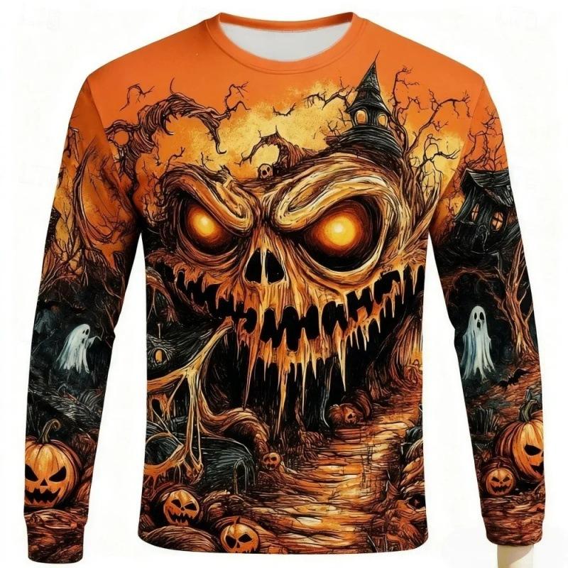 Men Long Sleeve T‑Shirt Halloween Pumpkin Haunted House Bat Ghost 3D Print Casual Party Streetwear Top