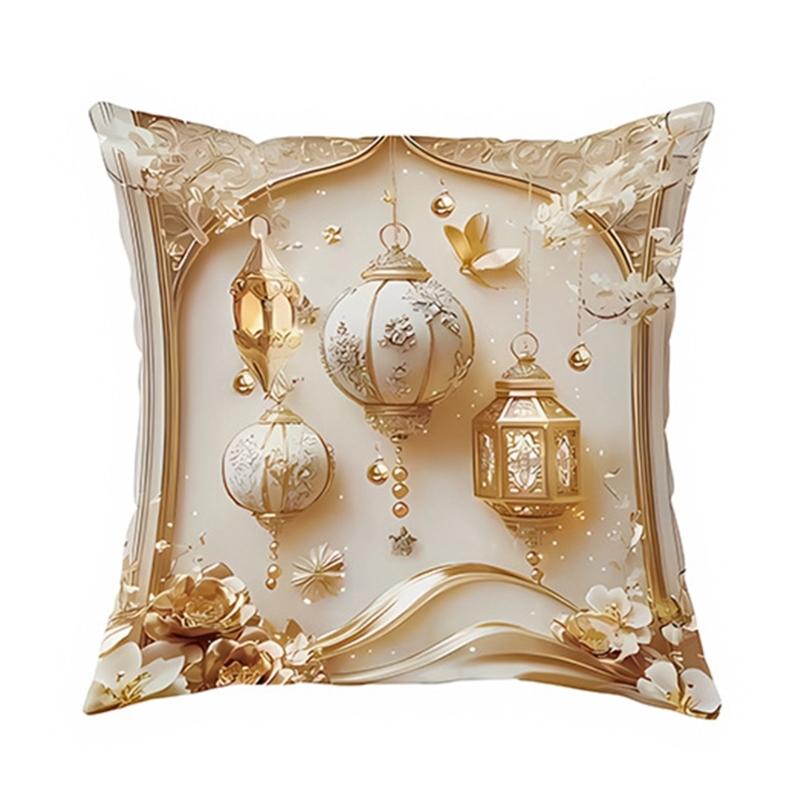 Soft Short Plush Cushion Cover Gold Moon Ethnic Festival Print 45x45cm Standard Size for Home Decoration