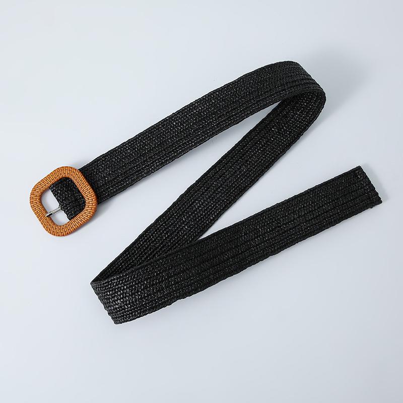 Curea de talie elastică împletită din paie, cu cataramă pătrată în culori bomboană în stil Mori coreean, pentru femei