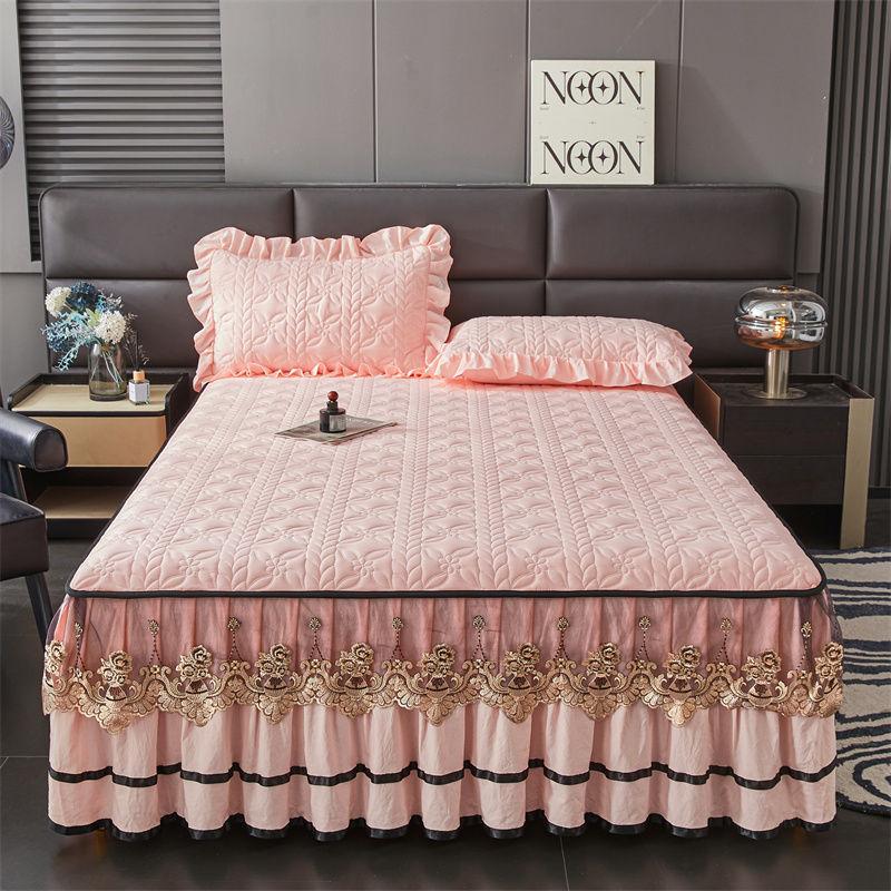 3PCS Padded Quilted Bed Skirt Set with Lace Embellishment, Includes 1 Bed Skirt and 2 Pillowcases, Easy Installation, Breathable , Ideal for Bedroom