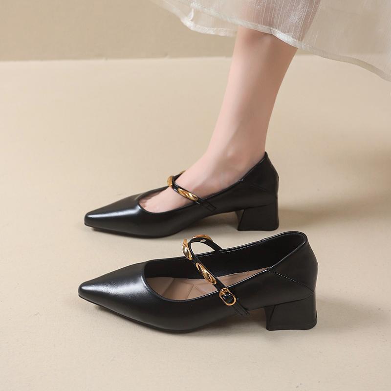 Fashion New Women's Designer Vintage Pointed Toe Women Mary Jane Shoe Fashion Shallow Buckle Shoes Ladies Elegant Dress Thick Heel Shoes