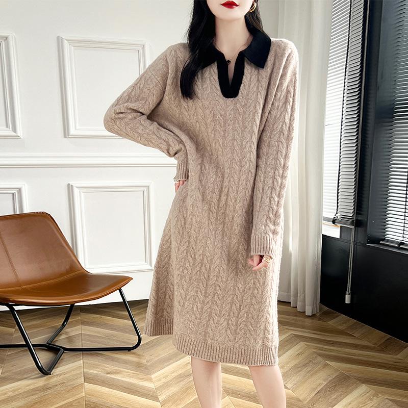 Women's Long Sleeve Knee-Length Cable Knit Polo Dress - Autumn 2024 Collection.