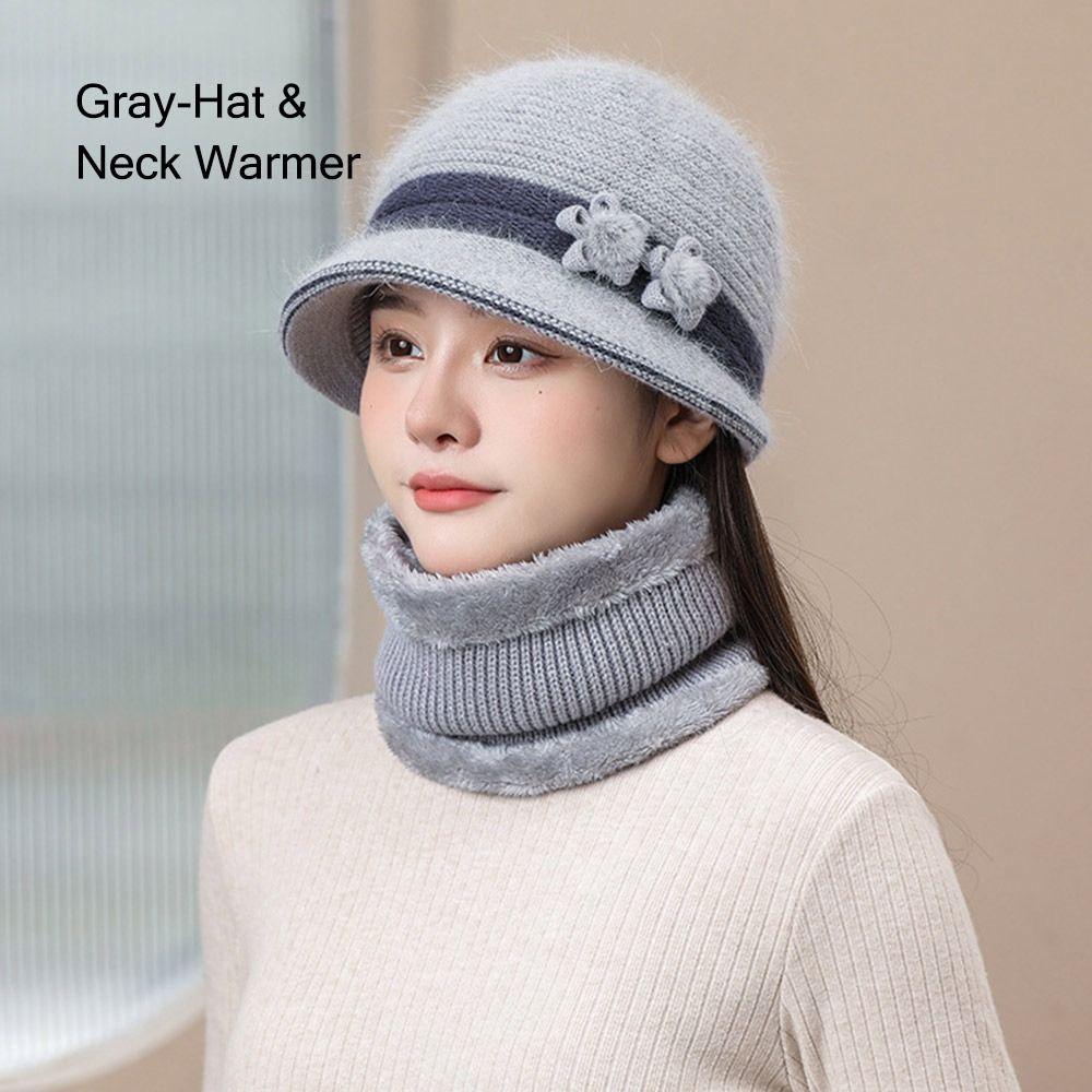 Outdoor Elderly Middle Aged Winter Beanie Hat Scarf Fleece Lining Warm Knit Bucket Hat Windproof Hat Scarf Set for Women