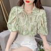Women's Bubble Sleeve Floral Chiffon Shirt Spring and Summer Design Top Niche French Style
