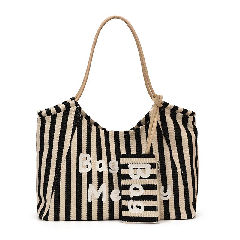 Canvas Striped Tote Bag - Women's College Style Handbag & Shoulder Bag