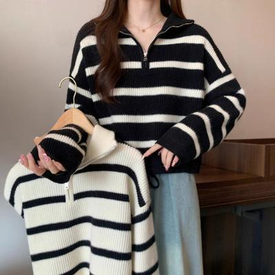 Autumn and Winter Lapel Striped Half-zipper Sweater for Women's Wear Loose and Thin Lazy Style Retro Short Drawstring Knitted Sweater