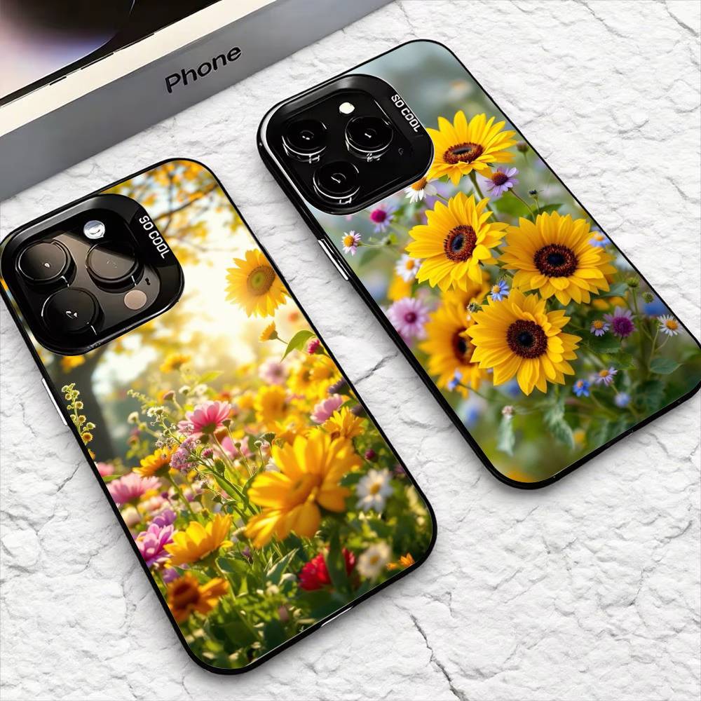 Sunflower&Sunny Day For iPhone 16,15,14,13,12,11,8,7,Pro,Max,Plus,Mini,XS,SE Anti Fall Black Matte Hard