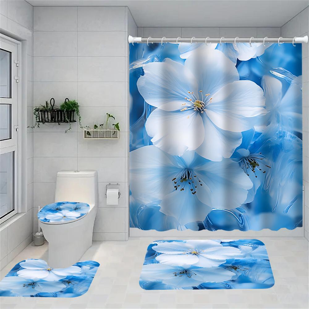 

1/4 Set White Flower Shower Curtains, Toilet Seat Decoration, Shower Curtain With Carpet And Toilet Lid, 12 70.8X70.8 Inch Hooks W60H190(CM)-1 Pcs