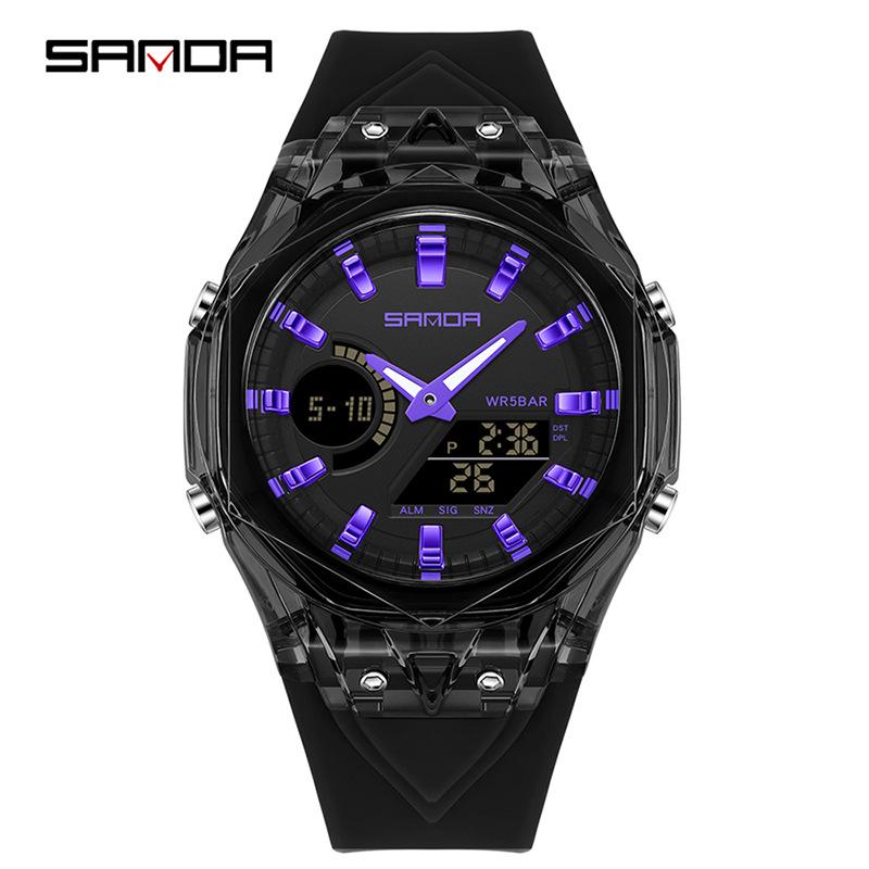 Sanda Dual Display Multifunction Fashion Wristwatch with Colorful Transparent Case for Youthful Korean Style