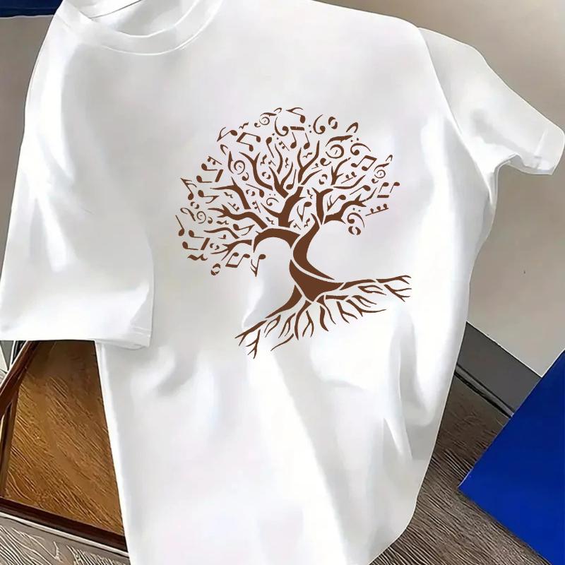 Plus Size Men'S T-Shirt Music Note Tree Pattern Crew Neck Short-Sleeved T-Shirt Comfortable Casual Short-Sleeved T-Shirt in Summer