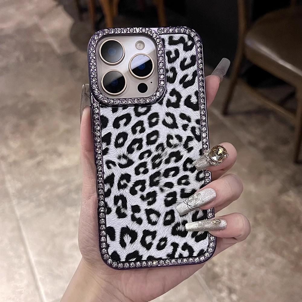Luxury Leopard Print Fur Pattern Case For iPhone 17 16 15 14 13 12 11 Pro Max Glitter Diamond Shockproof Bumper Protection Cover