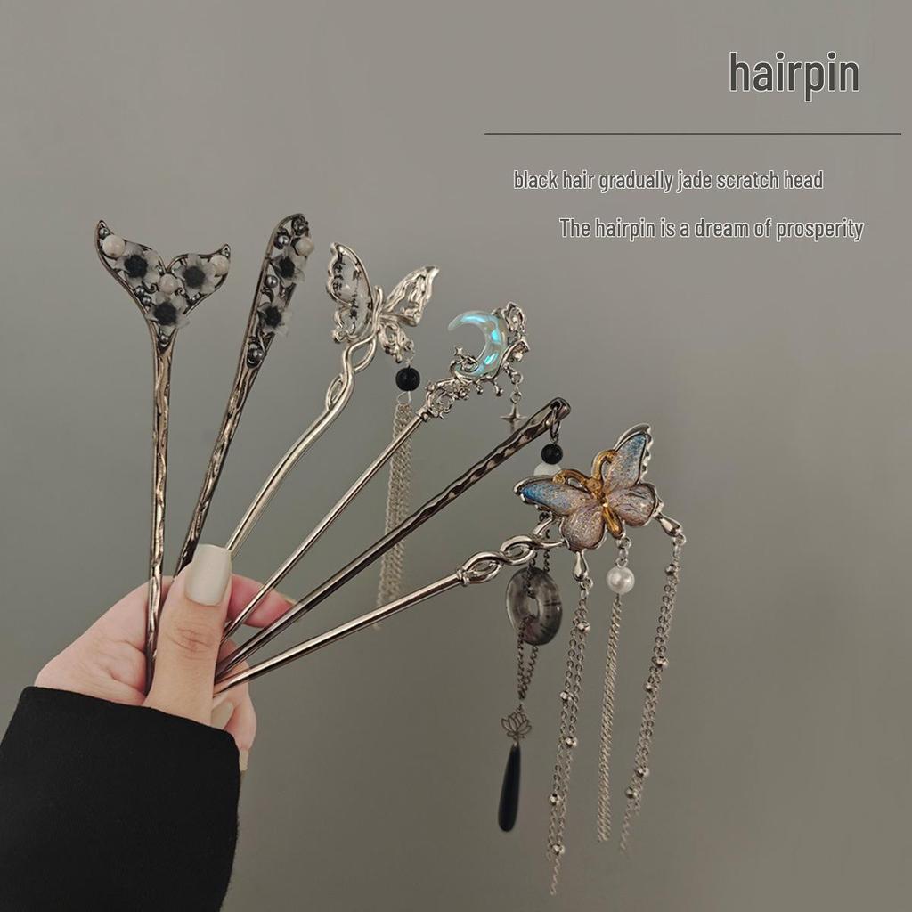 Elegant Butterfly Pearl Crescent Moon Tassel Hairpin for Women - Ancient & Modern Style