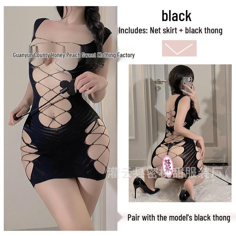Seductive Christmas Uniform: Open-Crotch Lingerie Set with Fishnet Stockings for New Year Temptation