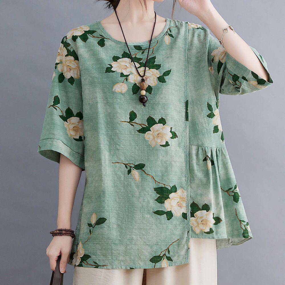 Móda pro matky středního věku Letní bavlněný a lněný oblek Letní luxusní nadměrná velikost Dvoudílný set s krátkým rukávem Tričko s krátkým rukávem + Kalhoty se širokými nohavicemi