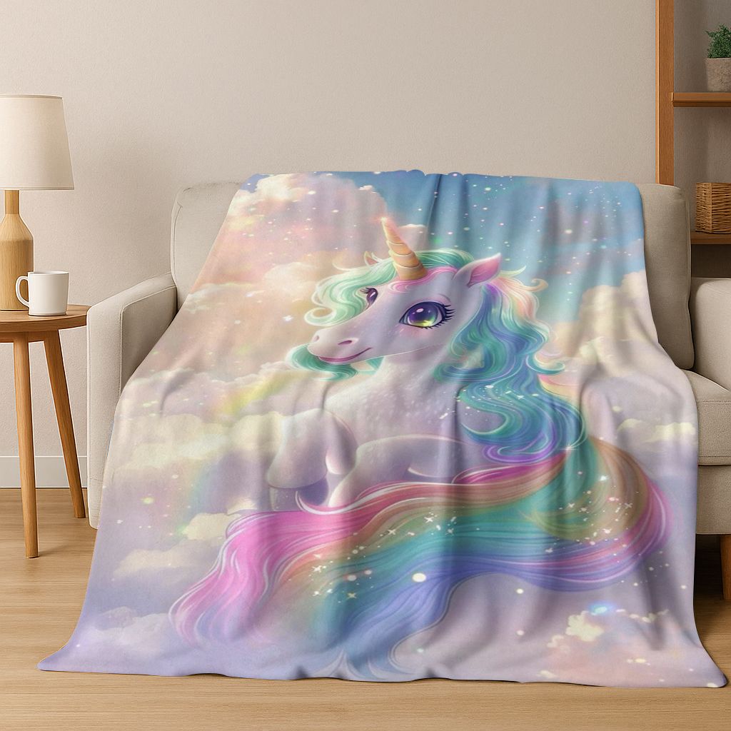 Kreslený duhový jednorožec Elfové Dívka Dárek Flanelová deka, Útulná měkká přehozová deka pro domov Ložnici Postel Pohovku Piknikový potah Děti