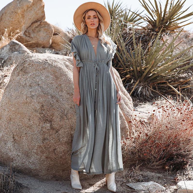 New Bamboo Cloth Button Waist Rope Long Skirt Cardigan Vacation Beach Jacket Sunscreen Clothes Long Skirt Bikini Blouse Women