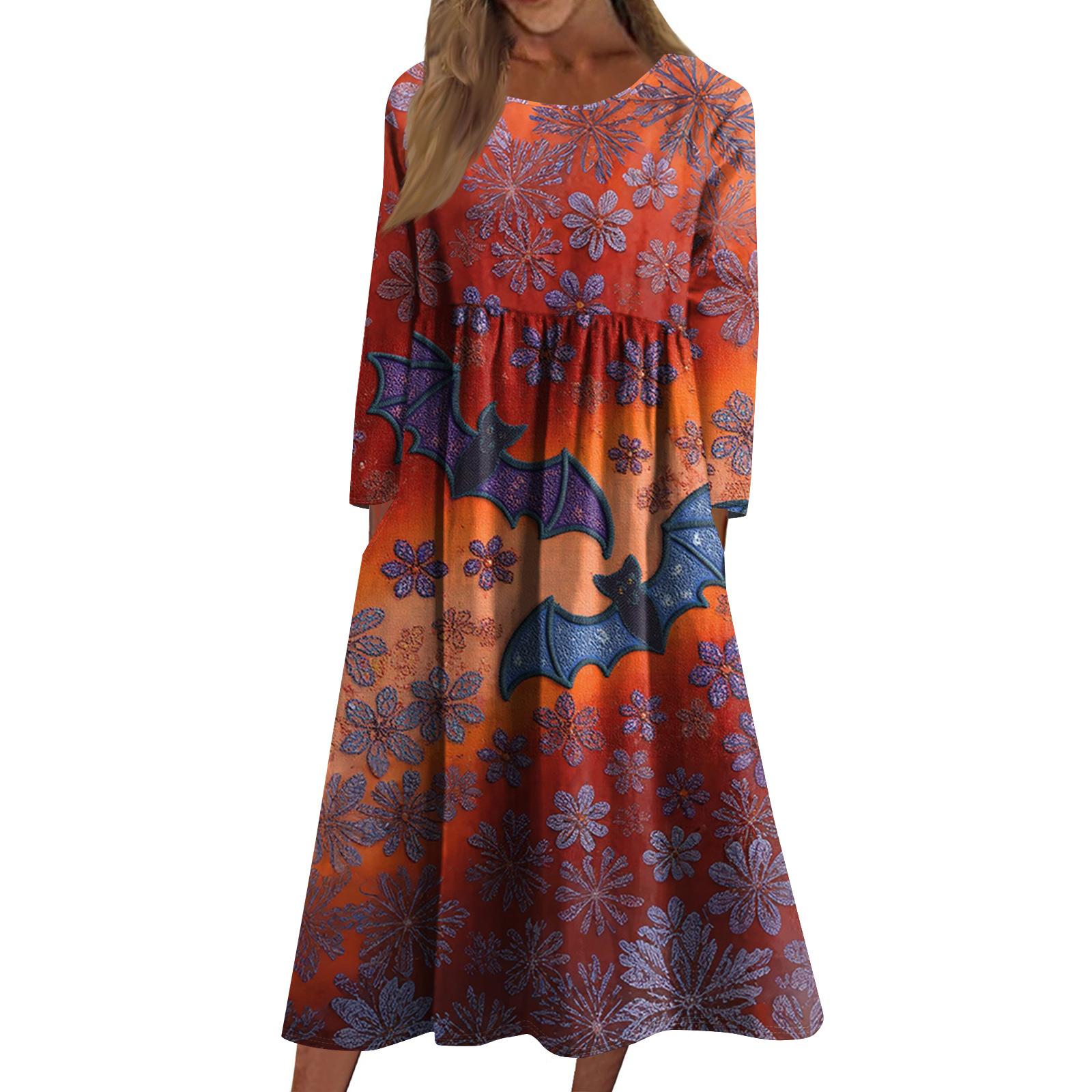 

Женское повседневное платье средней длины с круглым вырезом и принтом Хэллоуина, платье средней длины с длинными рукавами и карманом S киноварь