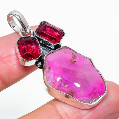 Natural Pink Solar Quartz,Rubillite Stone 925 Sterling Silver Pendant 1.93" w9I84