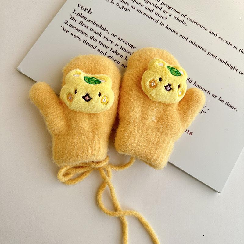 Neue Herbst- und Winter-Fingerhandschuhe für Kinder, Koreanische Version, Cartoon-Babyhandschuhe, Verdickt und Samt, Warm, Mit Nackenband, Fäustlinge
