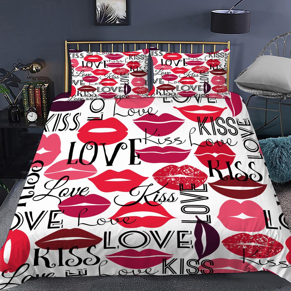 Red Sexy Red Lips Duvet Cover And Pillowcase Set kiss Love Letter Twin Size Quilt Cover For Women Girl Teen Bedspread Cover