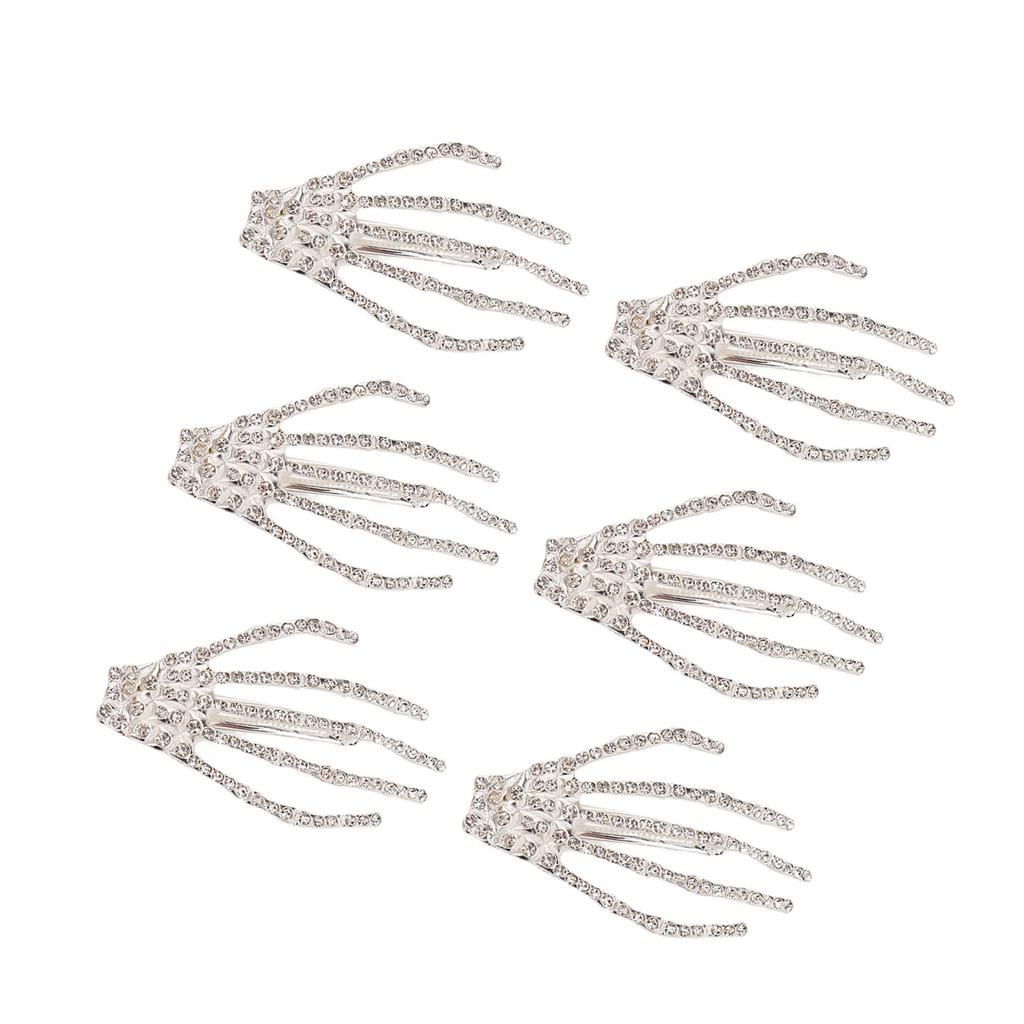 Skeleton Hand Hair Clip Punk Rock Horror Rhinestone Bone Hair Barrette Claws for Halloween Party Cosplay Gifts Silver