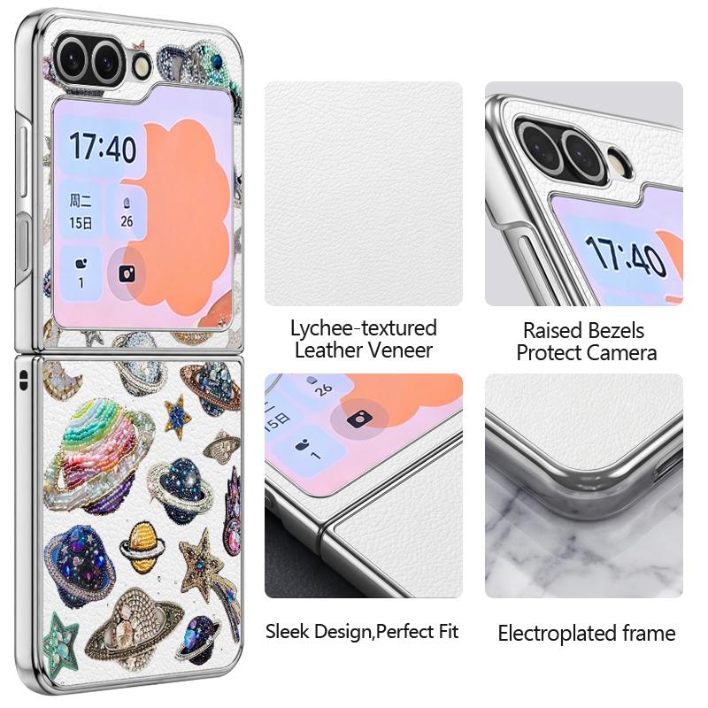 Whale Planet Print PU Leather Phone Case For Samsung Galaxy Z Flip7 FE Flip6 Flip 7 6 5 5G Silver Plating Frame Hard Back Cover