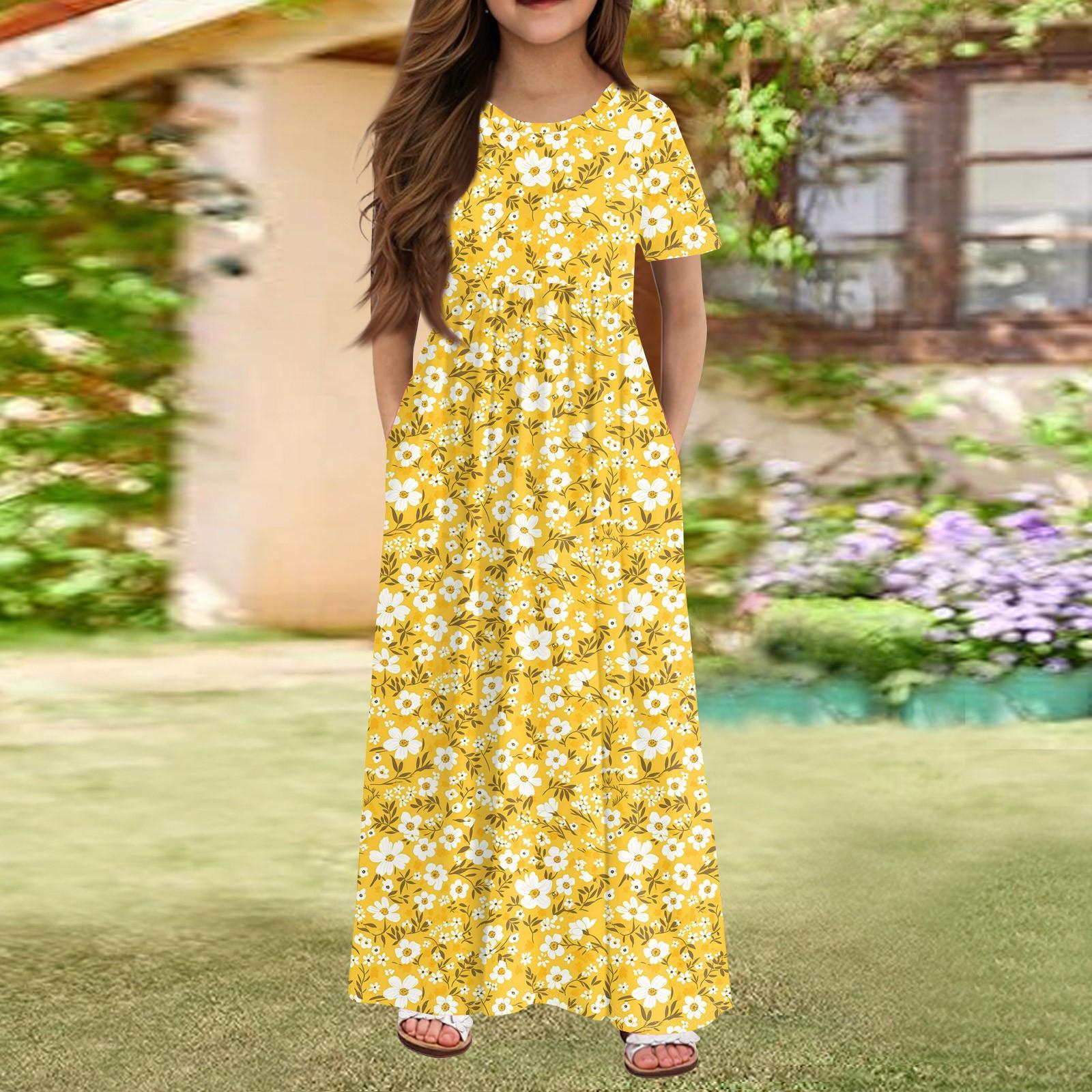 

Girls Long Summer Dress - Short Sleeve Pocket Maxi Dress For 4-14Y 160 жовтий