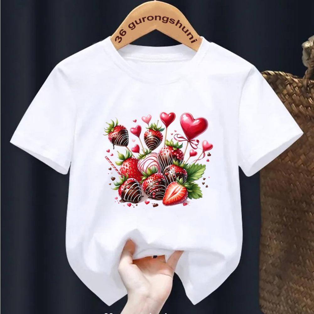 

Детская футболка с принтом клубничного торта, летняя мода, детская мультяшная футболка, круглый вырез, короткий рукав, футболка для девочек, топы 1-14 лет 3T(100cm)