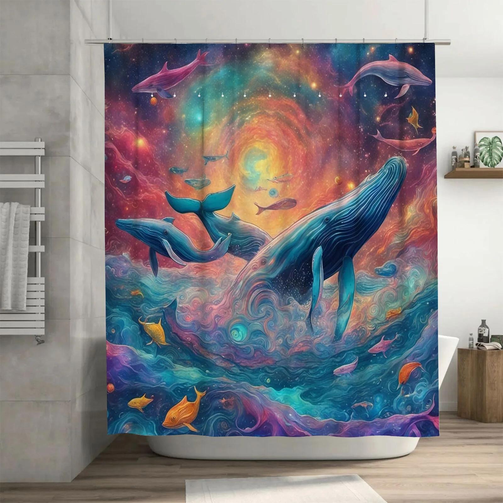 Energetic Galactic Whales Waterproof Shower Curtain - Artistic Design for Bathroom, Unique Style and Charm W90xH180cm