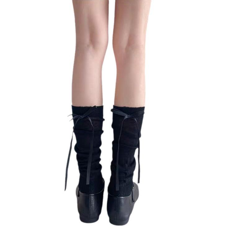 White Ballet-Style Mid-Calf Socks with Stripes and Bows for Women - Spring/Autumn Collection
