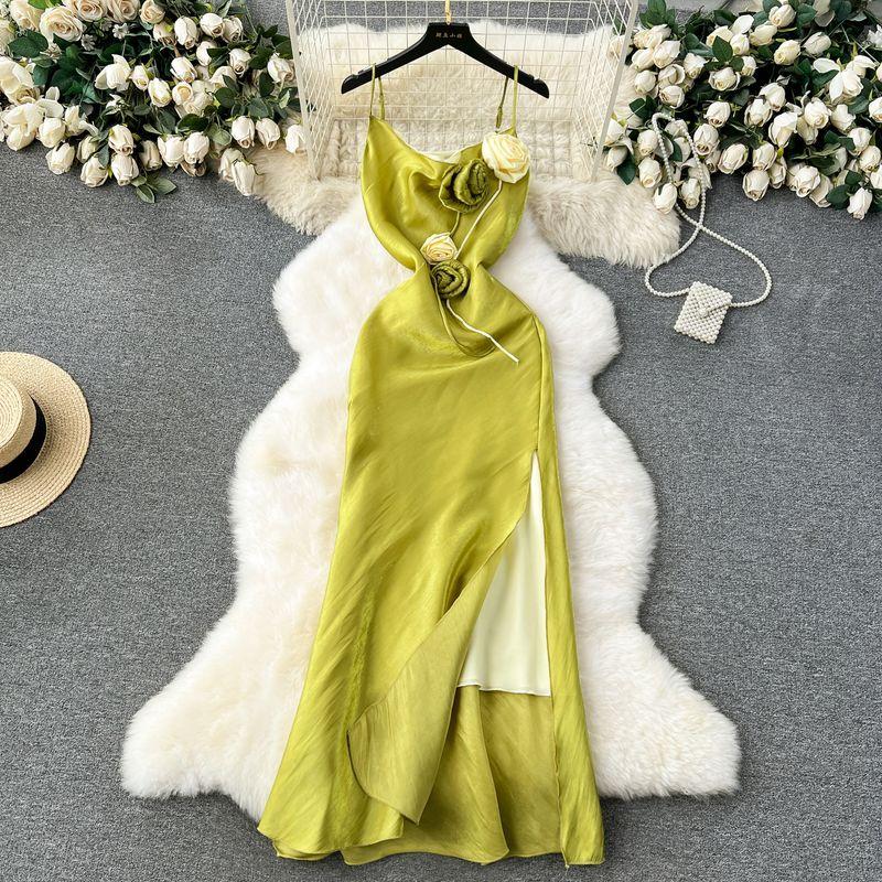 High-End Light Luxury Niche Three-Dimensional Flower Slim-Fit Long Sexy Split over-the-Knee Suspender Dress for Women