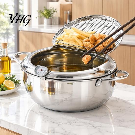 Portable Outdoor Camping Fryer Stainless Steel Stovetop Deep Pot with Thermometer, 2.2/3.2L Multifunctional Non Stick Tempura Frying Easy Clean