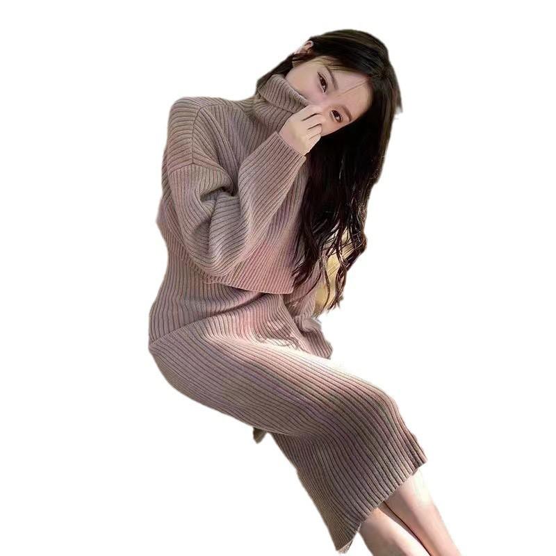 Completo Due Pezzi Lavorato a Maglia da Donna: Maglione Largo con Scollo Alto Abito Midi a Svasatura Stile Coreano Chic Pigro