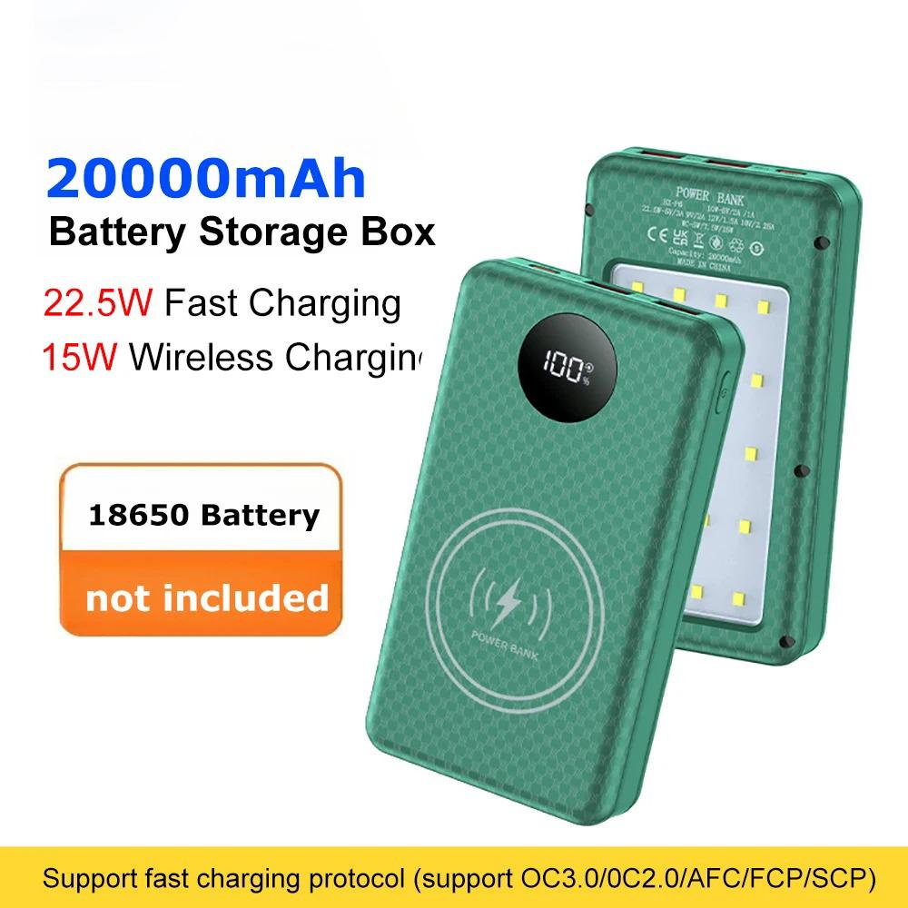 37,5W Rychlé Nabíjení Bateriový Box 22,5W Kabelové + 15W Bezdrátové 20000mAh 6x18650 Externí Pouzdro Power Banky Úložný Box pro Nabíjení Baterií