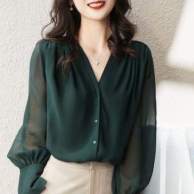 Long-sleeved Shirt Women's Spring and Autumn French V-neck Blouse Temperament Loose Chiffon Shirt Women