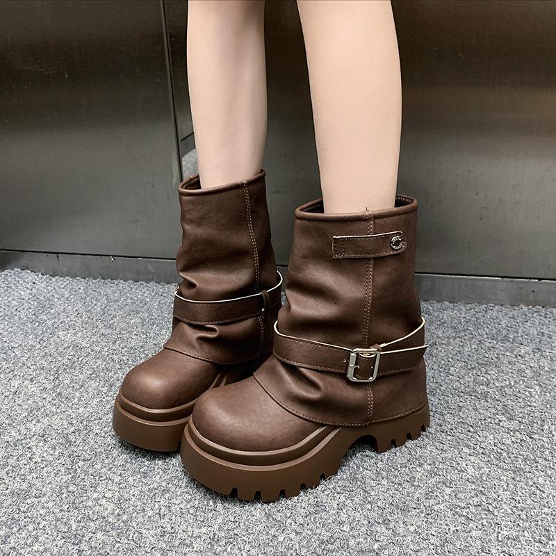[Fanfna] Thick-soled trouser tube boots women's pile boots 2025 autumn new western cowboy short boots big head Martin boots