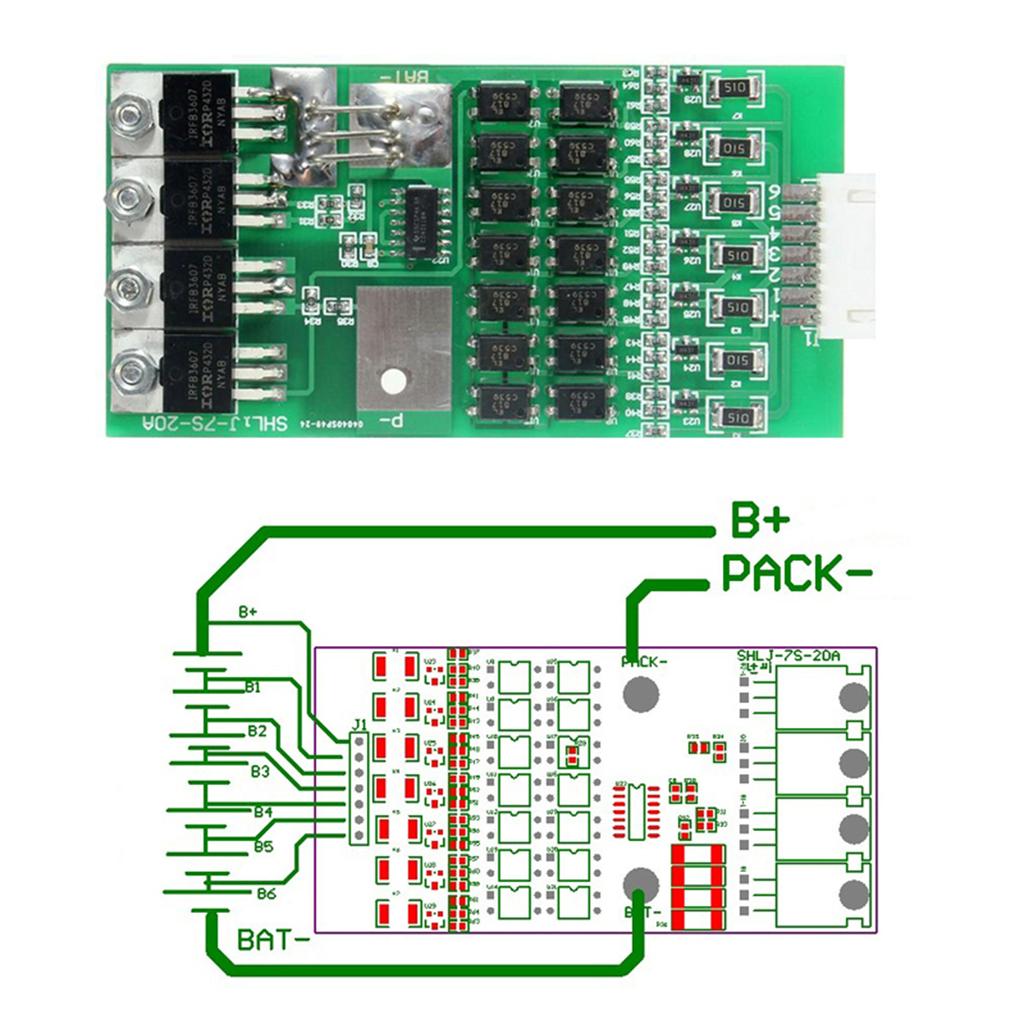 7S Cell 24V 20A 18650 Li-ion Lithium Battery BMS Protection Board With Balancing