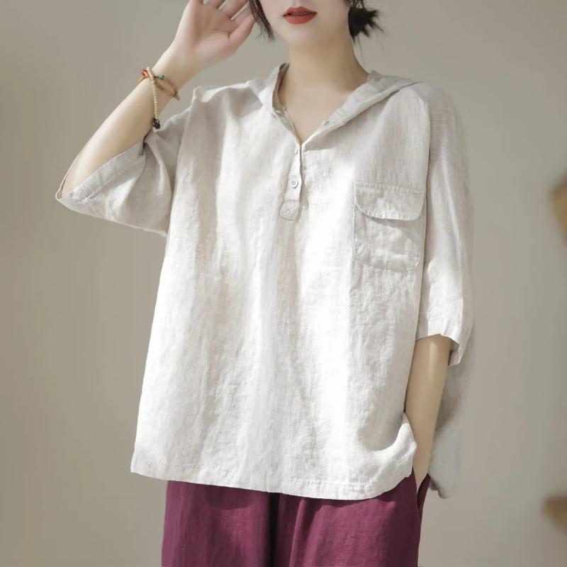Short-sleeved T-shirt New Cotton and Linen Women's Top Hoodie Loose Simple Literary Original Slimming Women's T-shirt Women